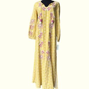 NWT Macy's Charter Club Cotton Maxi Kaftan Dress in Yellow w/ Pink White XS